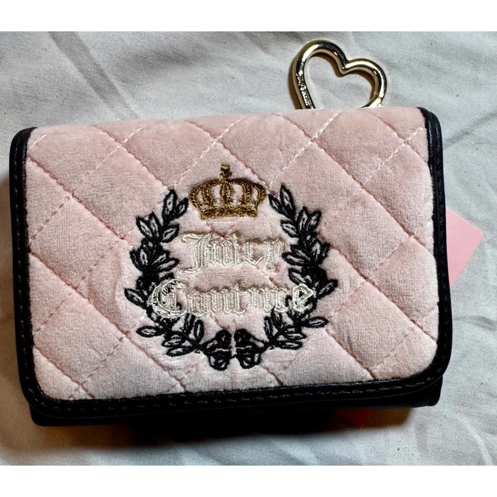 Juicy Couture‎ Pink Quilted Velvet Wallet Card Holder w Heart Keychain NEW
